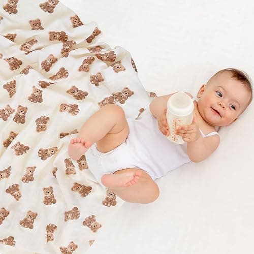 LifeTree Muslin Swaddle Blankets Neutral, Baby Swaddling Wrap Nursery Blanket for Boys & Girls Unisex, Soft 70% Viscose from Bamboo and 30% Cotton, Large 47 x 47 inches, Bear & Checkered Coffee thumbnail 4