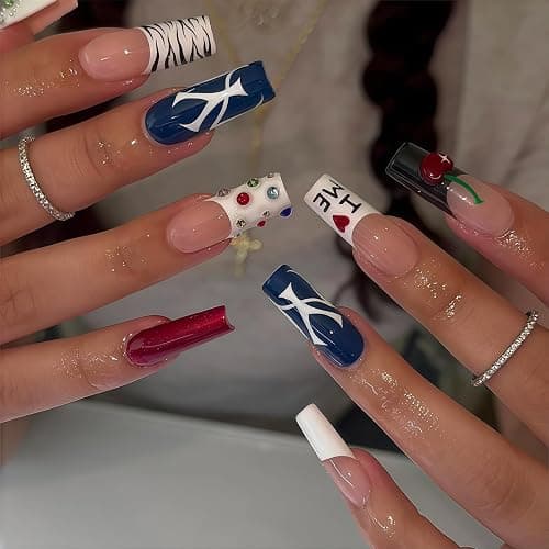 Auroriel 24 Stück Y2K Cherry Press on Nails Lange Kurze Quadratische Fake Nägel Französische Spitze 3D Handmade Full Cover Acrylic Nails für Frauen DIY Party Reusable - Image 1