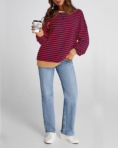 BTFBM Womens Oversized Striped Sweatshirt Crewneck Long Sleeve Pullover Top Casual Y2K Fall Clothes 2025 Workout Shirt thumbnail 8