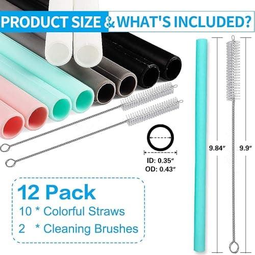 Silicone Straws Set of 10 Straight Smoothies Straws Large Silicon Reusable Drinking Straws with Cleaning Brushes Extra Long for 20oz and 30oz Tumbler - Flexible thumbnail 2
