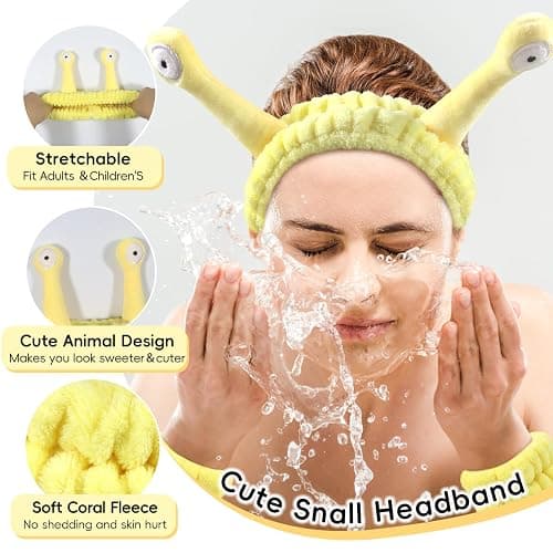 Face Wash Headband, Skincare Wrist Bands For Washing Face Set Spa Hair Bands come with a Hair Scrunchie, Cute Yellow snail tentacle Elastic Headband, For Face Washing Makeup Skincare (Yellow) thumbnail 5