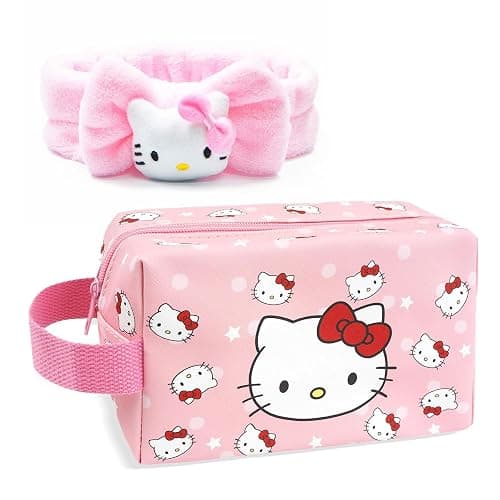 Toiletry Bag & Spa Headband, Cute PU Leather Ttravel Makeup Bag, Soft Makeup Headband for Washing Face, Gifts for Women Girls - A - Image 1