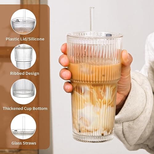 AUFXKOO 20oz Ribbed Glass Cups with Lids and Straws,2PCS Glass Tumbler with Straw and Lid,Drinking Glasses for Iced Coffee Cups,Juice,Smoothies thumbnail 7
