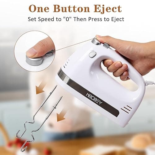 KBOBEY 450W Electric Hand Mixer, 5-Speed Handheld Mixer with Storage Case, Turbo & Eject Button, Includes 2 Beaters & 2 Dough Hooks for Baking, Cake, Egg, Cream (White) thumbnail 6