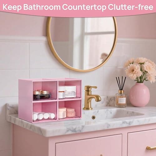 Vtopmart 4Pack Small Stackable Storage Drawers, Bathroom Makeup Organizer,Plastic Storage Bins For Vanity, Undersink, Kitchen Cabinet, Pantry, Home Organization(Pink) thumbnail 6