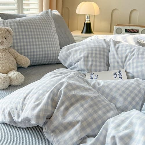 mixinni Gingham Comforter Set Twin XL Size - 3 Piece Light Blue Plaid Farmhouse Bedding, Soft Washed Cotton All-Season Comforter & Pillow Shams, Grid Pattern Classic Style for Boys Girls thumbnail 6