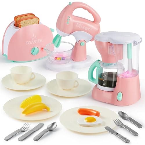 Joyin Play Kitchen Toys, Pretend Play Kitchen Appliances Toy Set with Coffee Maker, Mixer, Toaster with Realistic Lights& Sounds, Birthday Gift for Kids Ages 3+, Pink - Pink - Image 1