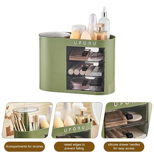 UFORU Makeup Organizer with Pop-Up Brush Holder for Dresser Vanity, Plastic Bathroom Counter Organizer with 3 Drawers & Dust-Proof Cover, Cosmetic Display Case for Lipstick, Skincare, Vintage Green thumbnail 4