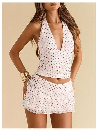 RoseSeek Women's Y2K Polka Dots Backless Halter Tops Sleeveless Ruched Fitted Low Cut Crop Top thumbnail 4