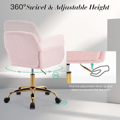 Homedraft Faux Fur 360°Swivel Desk Chair, Height Adjustable Home Office Armchair with Gold Base for Teens Women Girls, Upholstery Computer Chair for Home Studios, Sherpa & Light Pink thumbnail 6