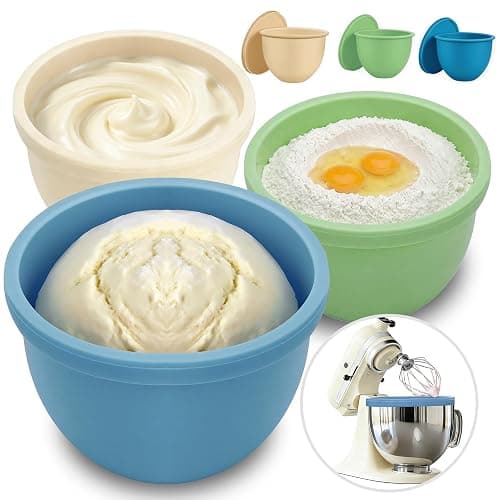GuanQiao Silicone Bowl Liners for 5 Qt KitchenAid Mixers, 3 Liners with Lids, Blue/Beige/Green - Image 1