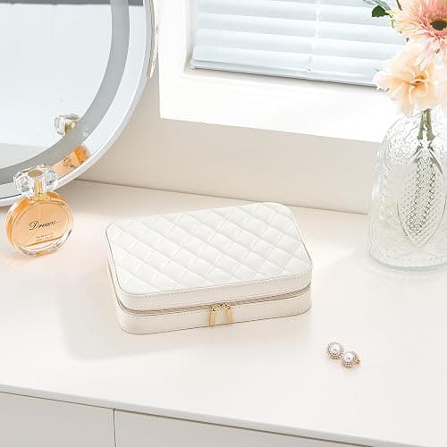 Lolalet Travel Jewelry Case for Women Girls, Travel Jewelry Organizer Box with Mirror & Clear Storage Bag, Small Portable Earring Necklace Bracelet Ring Case, Birthday Valentine Gifts -Medium, White thumbnail 7