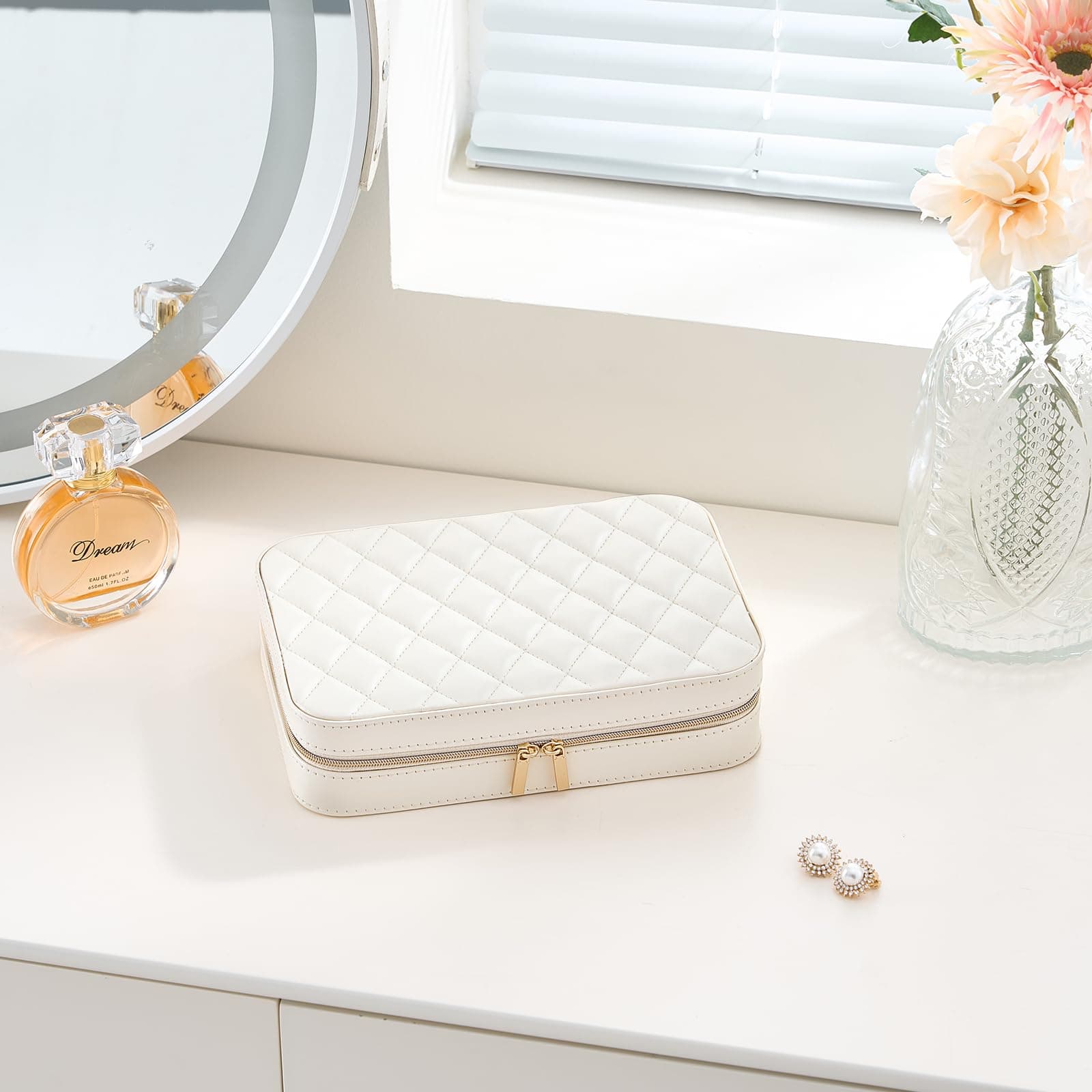 Lolalet Travel Jewelry Case for Women Girls -Medium, White | Jewelry Box Organizer for Travel Essentials, Mirror & Clear Storage Bag, Earring Necklace Bracelet Ring Holder, Ideal Gift thumbnail 7