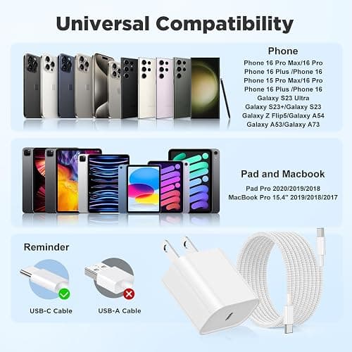 Hzevn 20W USB C Fast Charging for iPhone 17 Air/16/15 Pro Max,3Pack Colorful Mixed Charger Block with Braided Long USB C to C Cables (6/6/10ft) Compatible with iPhone16/15 Pro/15 Plus/iPad Pro thumbnail 7