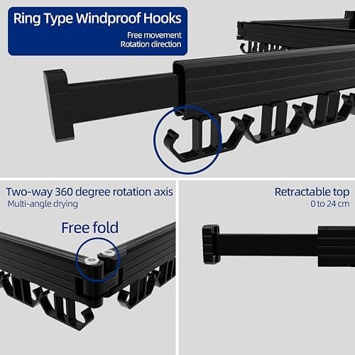 Kelisiting Clothes Drying Rack, Wall Mounted Laundry Drying Rack, Upgrade 3-Fold Foldable Collapsible Retractable Clothing Drying Rack with 12 Dual Hooks Organization for Laundry Room Indoor- Black thumbnail 4