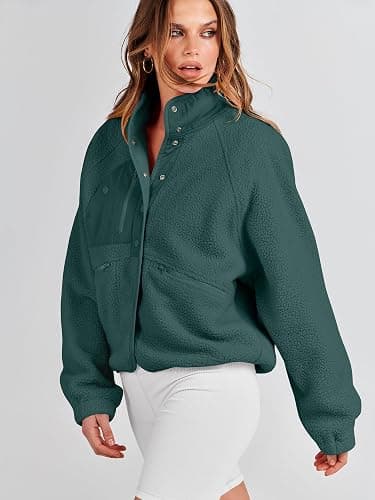 ANRABESS Womens Fuzzy Fleece Jacket Fall Casual Long Sleeve Cropped Sherpa Button Down Shacket Coats Outwear With Pockets thumbnail 5
