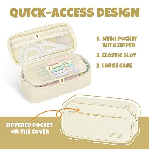 SUNEE Cute Pencil Case, Large Capacity Pencil Pouch, 900D Oxford Big Storage Office Organizer for Stationery, Zipper Pen Bag Makeup Bag, Back to School Supplies for Teen Girls Boys Women Men, Beige thumbnail 5