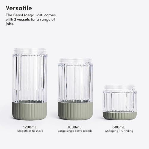 Beast Mega 1200 Plus | Premium Countertop Blender | Smoothies, Shakes, Sauces, Dips, Soups | Blends Ice and Frozen Fruit | XL Vessel | With Extra Vessels, Straw System | 1200W | (Sage, 120V) thumbnail 5