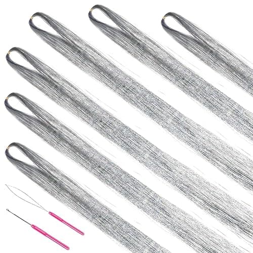 MISSUHUI Hair Tinsel Kit With Tools 48 Inch 1200 Strands Glitter Tinsel Hair Extensions Sparkling Shiny Hair Tinsel Strands Kit Heat Resistant for Women Girls 6Pcs (Silver) thumbnail 3
