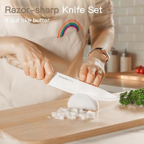 Astercook Knife Set, 13 Pieces Kitchen Knives Set with Ceramic Coating, Stainless Steel Chef Knife Sets with 6 Blade Guards, Dishwasher Safe Knives with Wooden Handle, White thumbnail 7