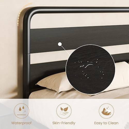 SHA CERLIN Queen Size Metal Bed Frame with Wooden Headboard and Footboard, Heavy Duty Oval-Shaped Platform Bed with Under-Bed Storage, Noise Free, No Box Spring Needed, Black thumbnail 3