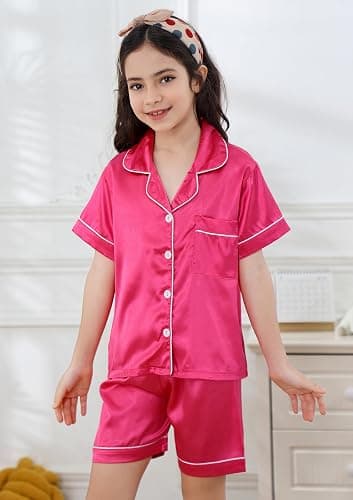 DIPUG Girls Pajamas Satin Pajama Set Silk Pjs Short Sleeve Sleepwear thumbnail 2