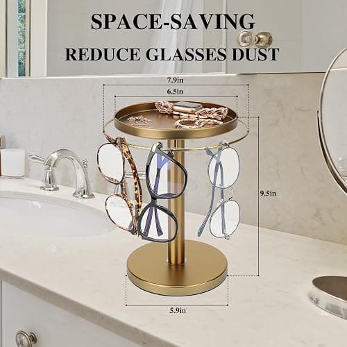 kondyfayo 360° Rotating Sunglass Organizer Storage, Stainless Steel Glasses Holder Stand, Glasses Organizer with Tray for Desk, Dresser, Tabletop, Nightstand and Home Decor (Gold) thumbnail 3