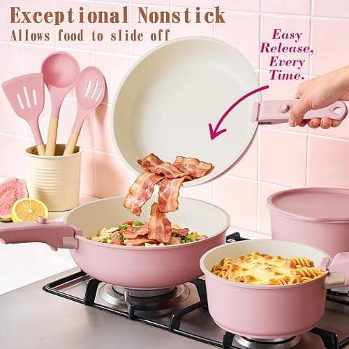 Umite Chef Pots and Pans Set Non Stick, 21 pcs Nonstick Ceramic Cookware Set, RV Kitchen Cooking Set with Detachable Handles, Oven Safe, Induction Cookware, Stackable, Pink, PFAS PFOA & PTFE Free thumbnail 5