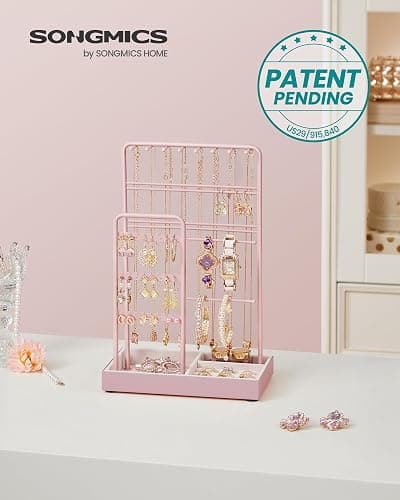 SONGMICS Jewelry Holder, Jewelry Organizer, Jewelry Display Stand with Metal Frame, Velvet Tray, Necklace Earring Bracelet Holder, for Studs, Rings, Gift Idea, Jelly Pink UJJS021R01 thumbnail 3