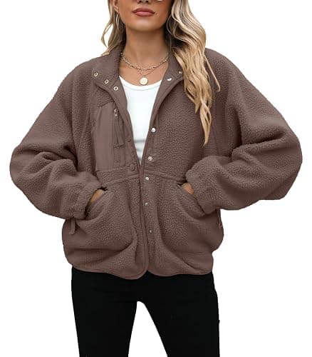 Yanekop Womens Fleece Jacket Fuzzy Long Sleeve Short Winter Coats Button Down Sherpa Jacket Outerwear with Pockets thumbnail 3