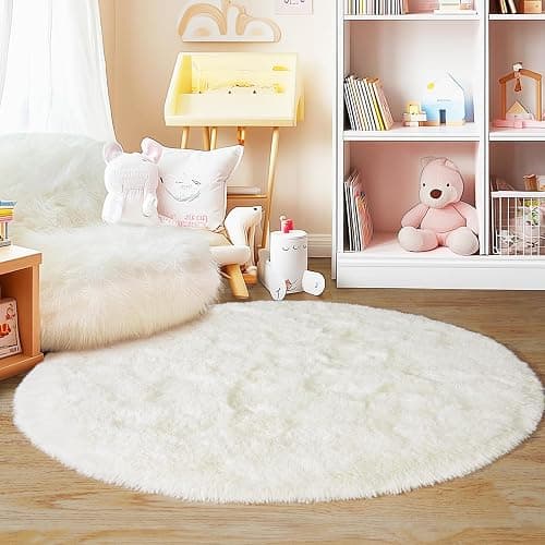 Quntue 3'x3' Cream Round Rugs for Girls Bedroom, Ultra Soft Fluffy Circle Rug for Kids Room, Cute Small Shag Rugs for Living Room Playroom Tent Castle Home Decor Rug thumbnail 9