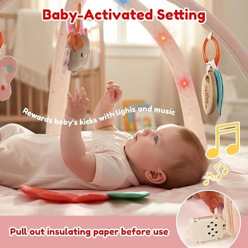 Baby Play Gym & Activity Mat with Light-up Musical Arch, Washable Tummy Time Mat with 6 Detachable Sensory Toys for Motor Skills, Baby Essentials Shower Gift - Updated Spring Blossoms Themed thumbnail 3