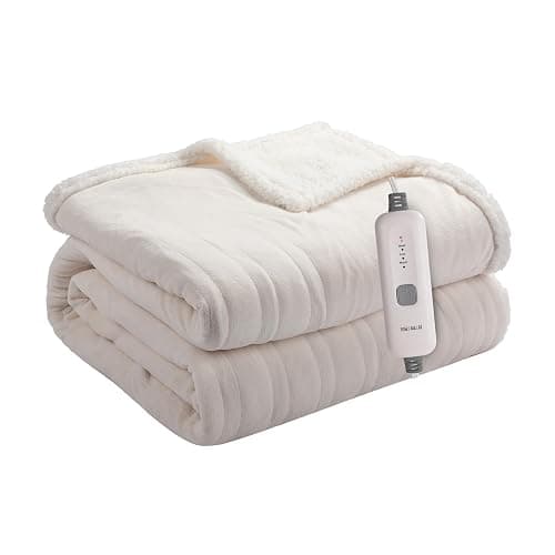 BRILLIO Electric Heated Blanket Flannel & Sherpa 62"x84" Twin Size - 4 Heat Levels, 10H Auto Shut Off, Fast Heating, Cozy and Comfortable, Warm Gifts, Machine Washable - White - Image 1