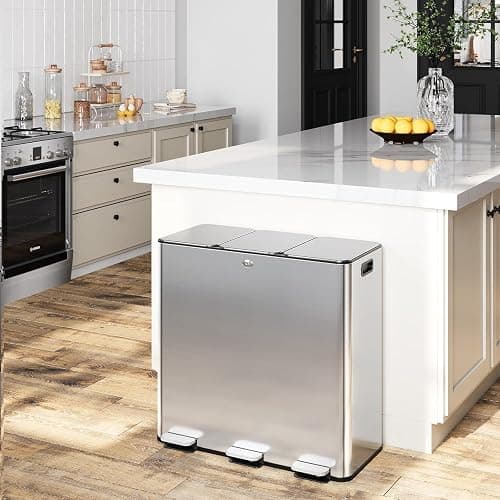 LALFPET Trash Can 90 L/23.8 gal,Three-Compartment Pedal Stainless Steel Kitchen Recycling Trash Can with Odor Seal, Hands-Free Foot Operated Waste Bin for Home, Office, Restaurant, School, Hospital - Image 1