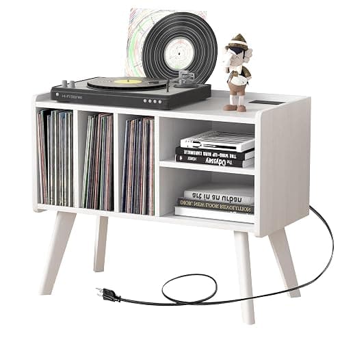 Forevich Record Player Stand Table with Vinyl Storage Holder Large Turntable Record Stand with Power Outlet Holds Up to 220 Albums Display Shelf Cabinet with Wood Legs for Living Room White - White - Image 1
