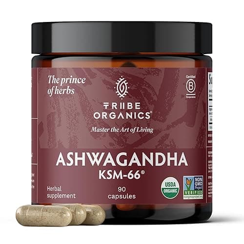 TRIBE ORGANICS Ashwagandha KSM 66 Pure Organic Root Powder Extract Ayurvedic Supplement - Focus Mood Support Increase Energy Strength 600mg of Natural KSM66 for Superior Absorption - 90 Capsules - Image 1