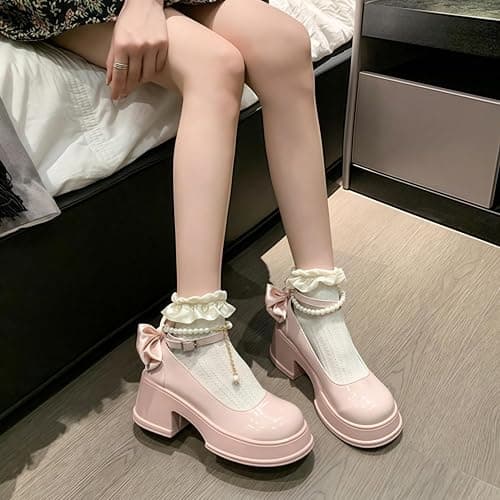 Frauen Lolita Schuhe Absatz Mary Jane Spitze Pumps mit Schleife Kawaii Nette Cosplay Keil Stiefel Cross Strap Block Heel Süße Art thumbnail 6