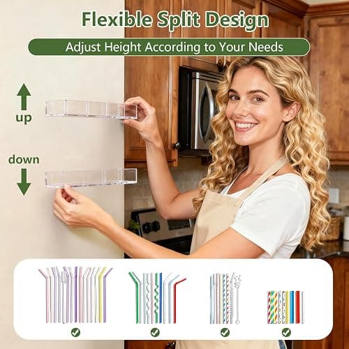 Malldii 9.5" Large Acrylic Straw Holder for Cabinet Door - Reusable Tumbler Straw Organizer Storage, Small Kitchen Accessories Container, Ultra Sticky Cupboard Door Mounted (Transparent) thumbnail 7