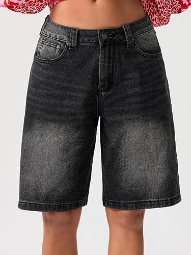 NUFIWI Women Baggy Denim Bermuda Shorts Y2k Straight Denim Shorts | Jean Shorts Womens, Wide Leg, Short Pants, Vintage, Casual, Knee Length, Long Jorts with Pockets, Oversized, Trendy thumbnail 2