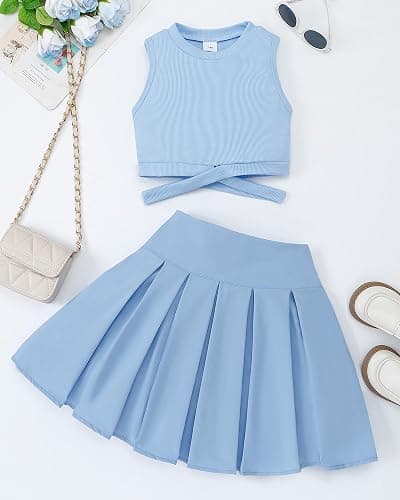 YOURUIKEY Cute Clothes for Girls Crisscross Crop Tank Top Pleated Skirt Tween Girl Trendy Summer Outfit Kid Clothing Set 7-14 - A-blue - 7-8Y thumbnail 2
