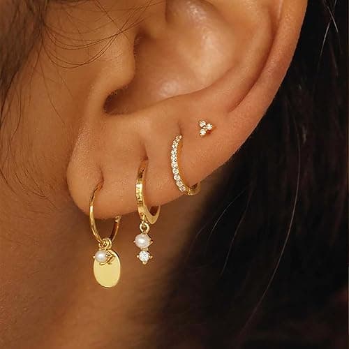 SELFROSE Stack Earrings For Women,Dainty 14K Gold Plated Pearl Hoop Huggie Earring Set Cute Chain Cartilage Earring Stack Trendy Hypoallergenic Long Drop Stud Earrings Jewelry thumbnail 2