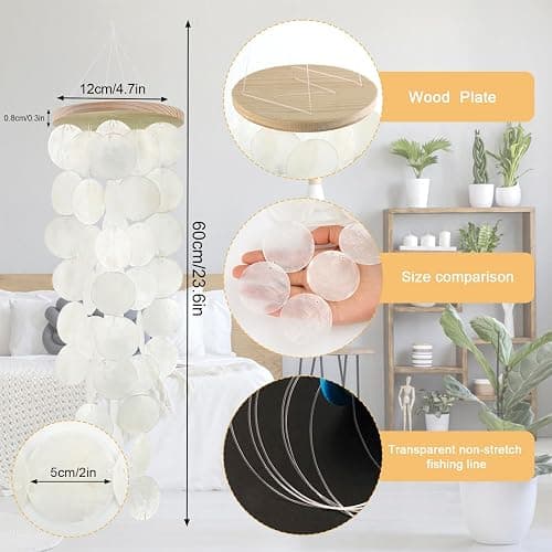 Wind Chimes for Outside - Handcrafted White Capiz Shells Windchime Coastal Style Decor for Indoor/Outdoors, Garden Decor, Great for Women, Wind Chimes Lovers and More thumbnail 2