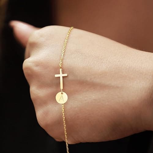 Sotcking Stuffers for Teens, Cross Bracelet for Women Dainty Cross Bracelet with Initials Link Chain Bracelets Christian Gifts for Women Teens Easter Baptism Religious Jewelry thumbnail 7