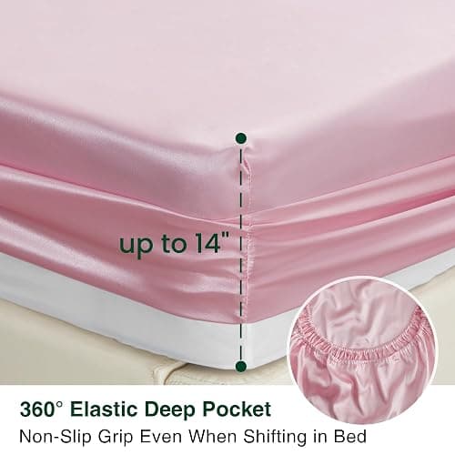 Love's cabin Twin Satin Sheets Sets - 3 Piece Pink Silky Bed Sheets with Deep Pockets, Luxury Silk Feel Satin Twin Size Sheet Set Bedding Set (1 Flat Sheet,1 Fitted Sheet,1 Pillow case) thumbnail 4