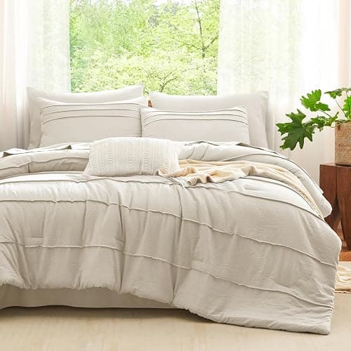 CozyLux Comforter Set Queen Size, Beige 7 Pieces Soft Pinch Pleat Bed in a Bag Queen Comforter Set with Sheets, Boho Bed Set with Down Alternative Comforter, Sheets, Pillowcases & Shams - Image 1