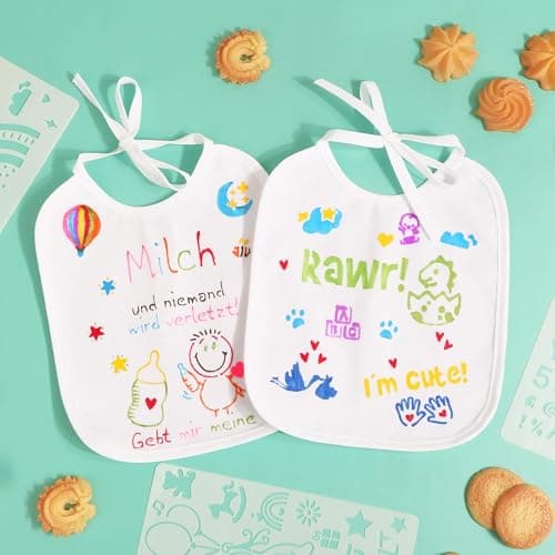 BOOMTOP 12 Baby Lätzchen zum Bemalen Babylätzchen Baumwolle mit 15x Malen Schablonen 12x Textilstifte Babyparty Deko Spiele Wasserdicht Lätzchen für Babys Junge Mädchen Babyshower Tiere Malvorlagen thumbnail 5