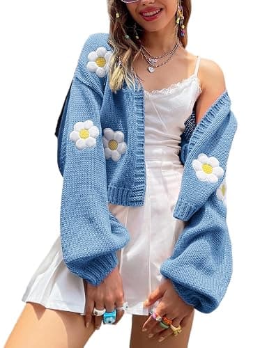 Womens Y2K Cardigan Sweaters Long Sleeve Open Front Cropped Flower Knit Cardigan Aesthetic 90s Shrug Back to College Outfits - Image 1