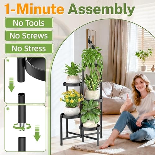 iDavosic.ly Plant Stand Indoor Outdoor, 5 Tier Corner Metal Flower Display Holder Shelf, Easy Assembly Folding Tall Orchid Rack for Patio Balcony Porch Garden Living Room House, Black thumbnail 3