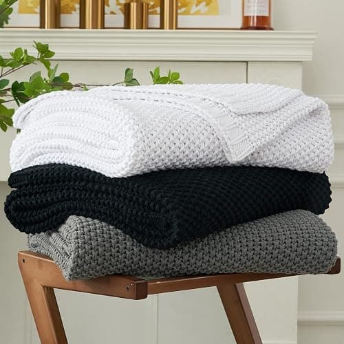 Chunky Cable Knit Throw Blanket Lightweight Black 100% Organic Cotton Blanket for Sofa Couch Bed Baby Nursery, Rustic Shabby Chic Modern Farmhouse, 60” x 80” Give Laundering Bag - Image 1