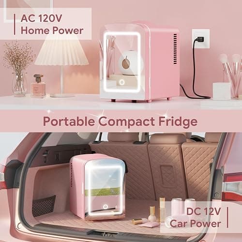 Xbeauty 4L Mini Skincare Fridge With Dimmable LED Mirror | Mini Makeup Fridge for SkinCare, Cosmetics, Food & Drinks, Portable Small Refrigerator for Bedroom, Dorm, Car, Office, Pink thumbnail 5